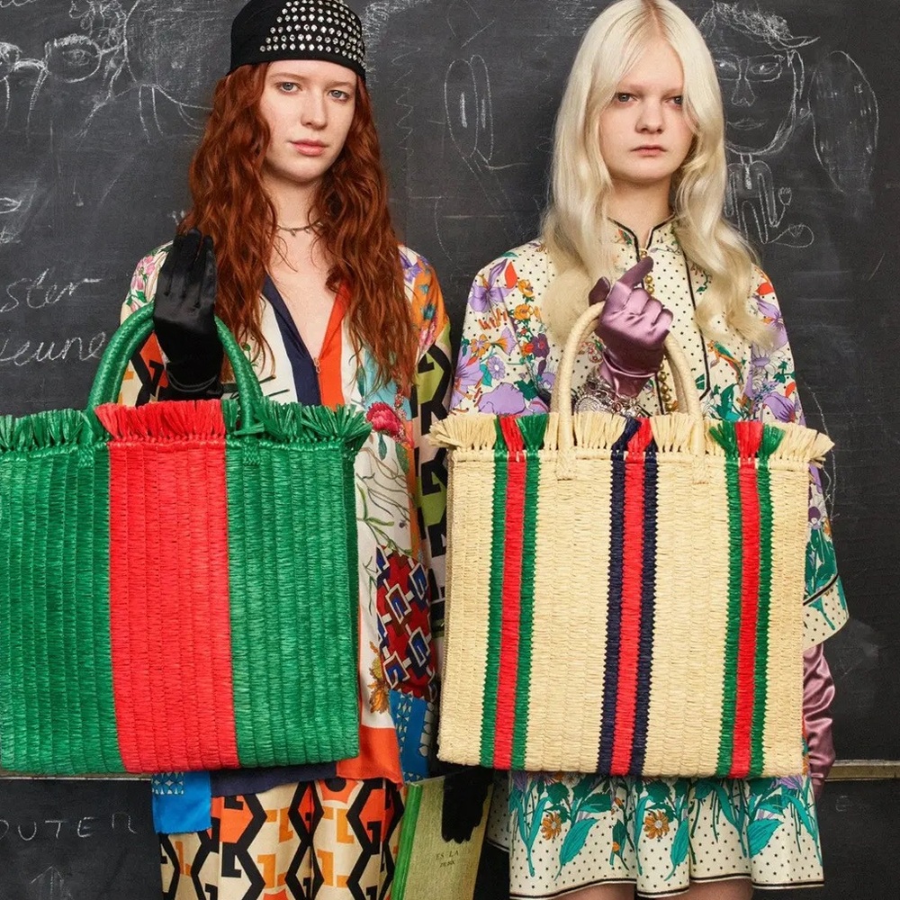 Gucci Web Woven Straw Tote Striped Straw Fringed 2018 runway beach bag